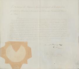 Carta de Plenos Poderes do Governo de Buenos Aires, com nomeação do General Dom Juan Ramón Balcarce (1773-1836) como Plenipotenciário, cargo associado ao General Dom Tomás Guido (1788-1866), para realização da troca de Ratificações da Convenção para a conclusão da guerra e restabelecimento da paz entre o Império do Brasil e a República das Províncias Unidas do Rio da Prata (Argentina). Este documento é anexo à Convenção Preliminar de Paz entre o Império do Brasil e a República das Províncias Unidas do Rio da Prata (Argentina), de 27 de agosto de 1828.