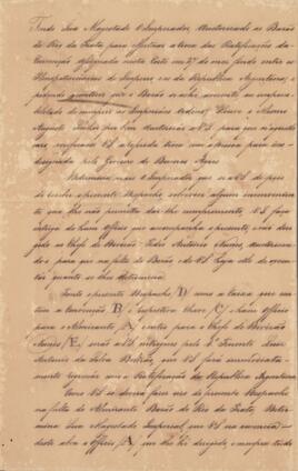 Carta de João Carlos Augusto de Oyenhausen-Gravenburg (1776-1838), Marquês de Aracaty, a Manoel Jorge Rodrigues (1777-1845), Barão de Taquari, sobre designação de função, para realização da troca das Ratificações da Convenção Preliminar de Paz entre os Plenipotenciários do Império do Brasil e a República Argentina, em caso de ausência de Rodrigo Pinto Guedes (1762-1845), Barão do Rio da Prata. Este documento é anexo à Convenção Preliminar de Paz entre o Império do Brasil e a República das Províncias Unidas do Rio da Prata (Argentina), de 27 de agosto de 1828.