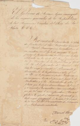 Carta de Plenos Poderes do governo da República das Províncias Unidas do Rio da Prata (Argentina), com nomeação do General Dom Miguel Azcuénaga (1754-1833) à função de trocar as ratificações da Convenção Preliminar de Paz celebrada na cidade do Rio de Janeiro entre os Plenipotenciários do Império do Brasil e daquela República. Este documento é anexo à Convenção Preliminar de Paz entre o Império do Brasil e a República das Províncias Unidas do Rio da Prata (Argentina), de 27 de agosto de 1828.