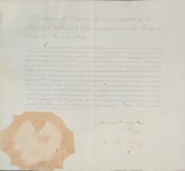 Carta de Plenos Poderes do Governo de Buenos Aires, com nomeação do General Dom Tomás Guido (1788-1866) como Plenipotenciário, cargo associado ao General Dom Juan Ramón Balcarce (1773-1836), para realização da troca de Ratificações da Convenção para a conclusão da guerra e restabelecimento da paz entre o Império do Brasil e a República das Províncias Unidas do Rio da Prata (Argentina). Este documento é anexo à Convenção Preliminar de Paz entre o Império do Brasil e a República das Províncias Unidas do Rio da Prata (Argentina), de 27 de agosto de 1828.