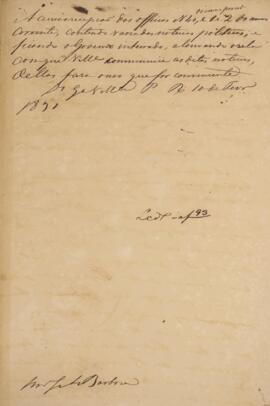 Minuta do despacho datada do dia 10 de fevereiro de 1831, acusando o recebimento dos ofícios de n...