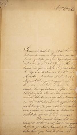 Cópia de ofício n.1 enviado por João Antônio Pereira da Cunha (1798-1834) para João Carlos August...