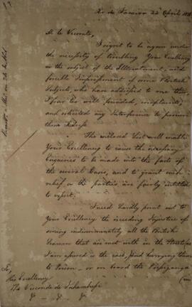 Nota diplomática original enviada por Henry Chamberlain (1796-1844) para Antônio Luiz Pereira da ...