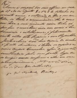 Minuta do despacho datada do dia 2 de outubro de 1829, acusando o recebimento dos ofícios de 17 e...