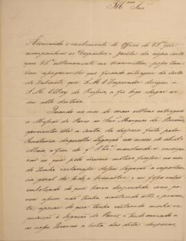 Ofício original com data de 23 de dezembro de 1829 em que João Antônio Pereira da Cunha comunica ...