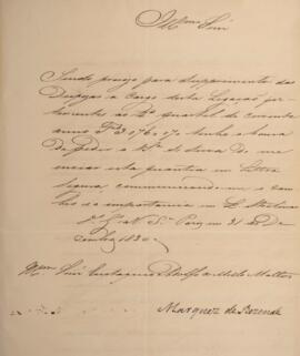 Ofício original com data de 31 de dezembro de 1830 em que Antônio Teles da Silva Caminha e Menese...