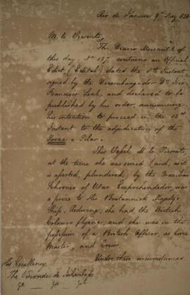 Nota diplomática original, datada do dia 9 de maio de 1826, enviada por Henry Chamberlain (1796-1...