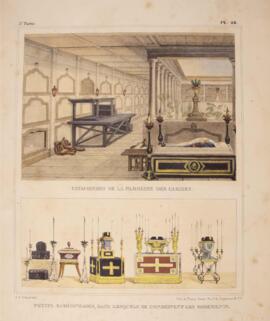 Litografia colorida, datada de 1839 e criada por Jean-Baptiste Debret, apresentando duas imagens....