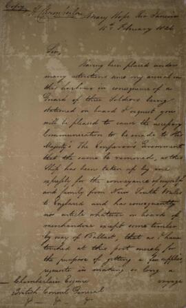 Cópia de ofício datada do dia 15 de fevereiro de 1826 endereçada a Henry Chamberlain (1796-1844) ...