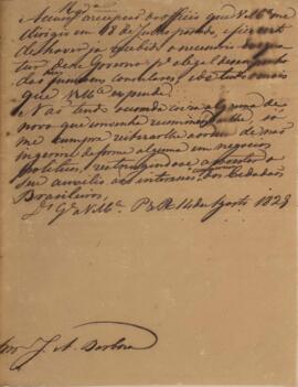 Minuta do despacho datada do dia 14 de agosto de 1829, acusando a recepção do ofício n.16 de 18 d...