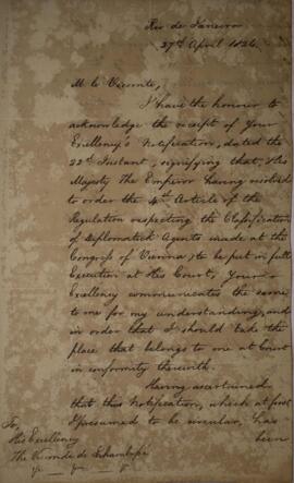 Nota diplomática original enviada por Henry Chamberlain (1796-1844) para Antônio Luiz Pereira da ...