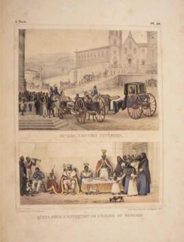 Litografia colorida, datada de 1839 e criada por Jean-Baptiste Debret, apresentando duas imagens....