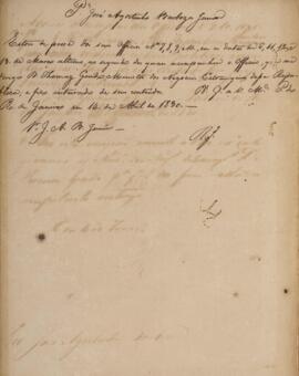 Minuta de despacho datada do dia 14 de abril de 1830, acusando o recebimento dos ofícios n. 7, 8,...