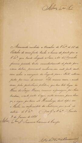 Ofício original, datado de 2 de janeiro de 1831, enviado por Antônio de Menezes Vasconcellos de D...