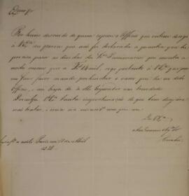 Ofício enviado por João Antônio Pereira da Cunha (1798-1834), com data de 11 de abril de 1828, de...