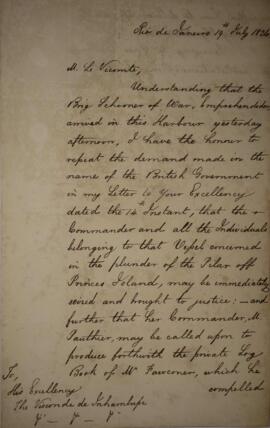 Nota diplomática original enviada por Henry Chamberlain (1796-1844) para Antônio Luiz Pereira da ...