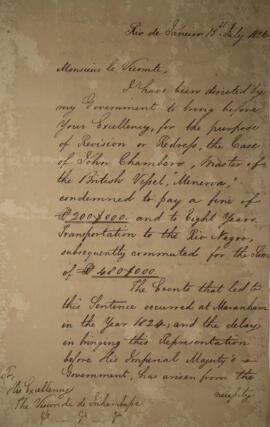 Nota diplomática original enviada por Henry Chamberlain (1796-1844) para Antônio Luiz Pereira da ...