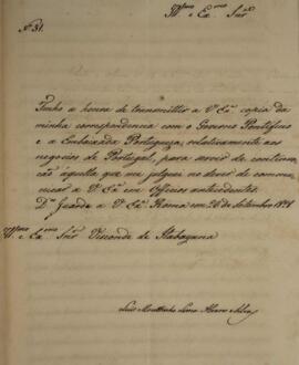 Ofício N.31 enviado por Luiz Moutinho de Lima Álvares e Silva (1792-1863) para Manuel Rodrigues G...