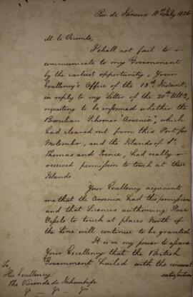 Nota diplomática original enviada por Henry Chamberlain (1796-1844) para Antônio Luiz Pereira da ...