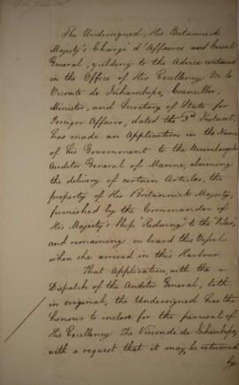 Nota diplomática original enviada por Henry Chamberlain (1796-1844) para Antônio Luiz Pereira da ...