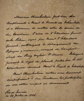 Nota diplomática original, datada do dia 29 de julho de 1826, enviando a Antônio Luiz Pereira da ...