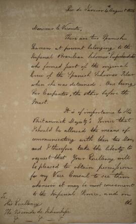 Nota diplomática original enviada por Henry Chamberlain (1796-1844) para Antônio Luiz Pereira da ...