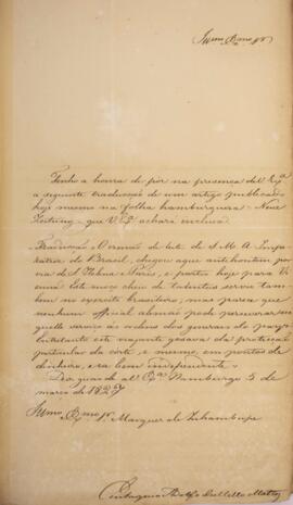 Ofício original, datado de 5 de março de 1827, enviado por Eustáquio Adolfo de Melo Matos (1795 -...