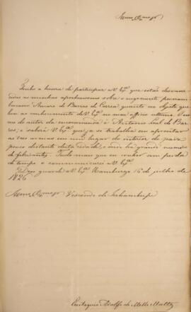 Ofício original, datado de 16 de julho de 1826, enviado por Eustáquio Adolfo de Melo Matos (1795 ...