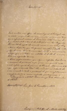 Ofício original, datado de 9 de dezembro de 1825, enviado por Eustáquio Adolfo de Melo Matos (179...