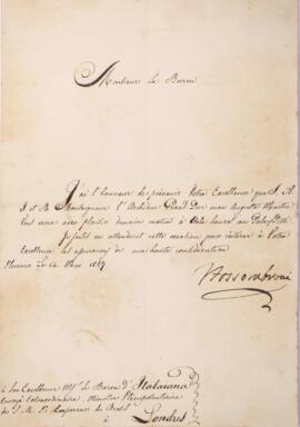 Nota diplomática original endereçada a Manuel Rodrigues Gameiro Pessoa (1800-1846), Visconde de I...