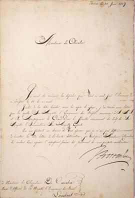 Nota diplomática original endereçada ao Cavalheiro da Cunha, datada de 30 de junho de 1827, acusa...