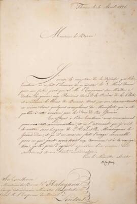 Nota diplomática original endereçado a Manuel Rodrigues Gameiro Pessoa (1800-1846), Visconde de I...