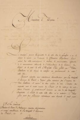 Nota diplomática original enviada a Manuel Rodrigues Gameiro Pessoa (1800-1846), Visconde de Itab...