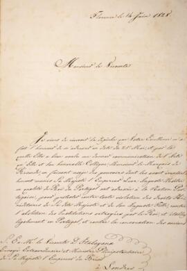 Nota diplomática original endereçada a Manuel Rodrigues Gameiro Pessoa (1800-1846), Visconde de I...