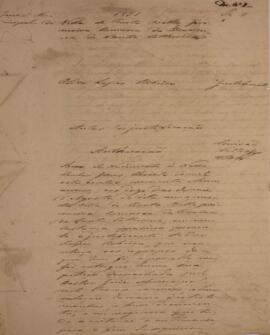 Informativo original escrito por Bernardino Antonio de Seno Feltro, datado de 12 de agosto de 1851, com a representação da petição de Pedro Lopes Ribeiro feita por despacho para o Juízo Municipal da cidade de Desterro, capital da Província de Santa Catarina. Contém anexo.