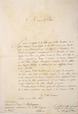 Nota diplomática original endereçada a Manuel Rodrigues Gameiro Pessoa (1800-1846), Visconde de I...