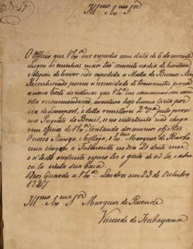 Ofício original n° 47 enviado por Manuel Rodrigues Gameiro Pessoa (1800-1846), Visconde de Itabai...