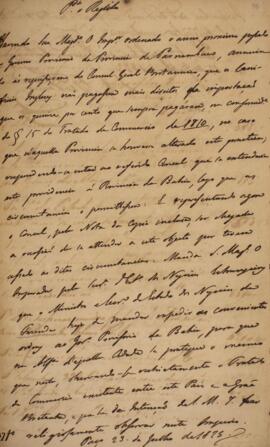 Aviso emitido pela Secretaria de Estado dos Negócios Estrangeiros ao ministro e secretário de Estado dos Negócios da Fazenda datado de 23 de julho de 1823, transmitindo a ordem de D. Pedro I (1798-1834) para o Governo Provisório da Bahia, com a determinação de ajustar o valor da taxa de importação cobrada na alfândega daquela província, de acordo com as disposições do Tratado de Comércio entre o Brasil e a Grã-Bretanha.