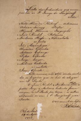 Lista original enviada por Peter Kielchen (s.d.), com data de 19 de agosto de 1825, contendo uma ...