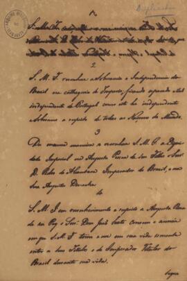 Cópia de tratado com quatro artigos referentes aos acordos de paz entre Brasil e Portugal. Dentre...