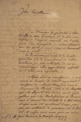 Nota diplomática original enviada por Georg Heinrich von Langsdorff (1774-1852) para José Bonifác...