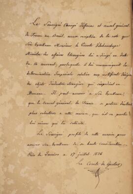 Nota diplomática original enviada por Jacques-Marie Aymard (s.d.-1837), Conde de Gestas, para Ant...