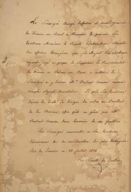 Nota diplomática original enviada por Jacques-Marie Aymard (s.d.-1837), Conde de Gestas, para Ant...