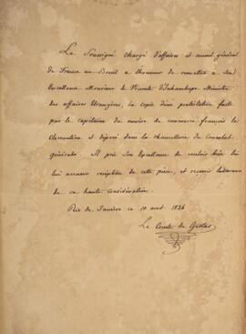 Nota diplomática original enviada por Jacques-Marie Aymard (s.d.-1837), Conde de Gestas, para Ant...