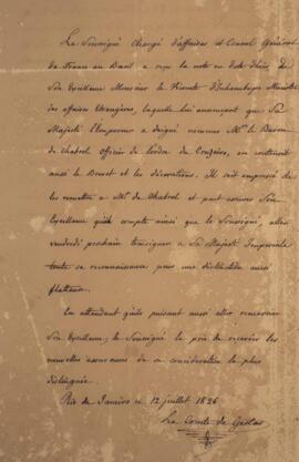 Nota diplomática original enviada por Jacques-Marie Aymard (s.d.-1837), Conde de Gestas, para Ant...