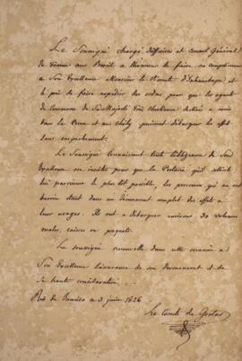 Nota diplomática original enviada por Jacques-Marie Aymard (s.d.-1837), Conde de Gestas, para Ant...