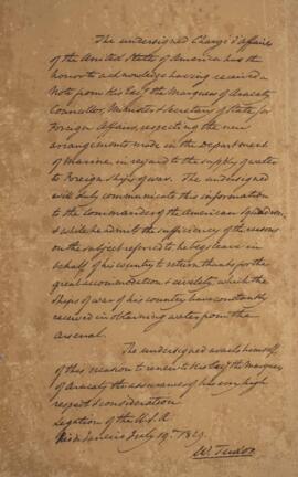 Nota diplomática original, datada do dia 19 de julho de 1829, de William Tudor (1779-1830), acusa...