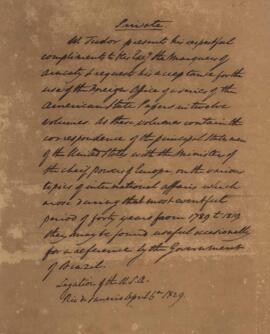 Nota diplomática original, datada do dia 6 de abril de 1829, de William Tudor (1779-1830), endere...