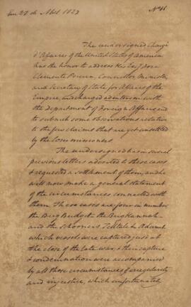 Nota diplomática original, datada do dia 23 de abril de 1829, de William Tudor (1779-1830), ender...