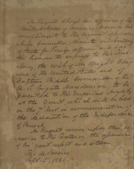 Nota diplomática original, datada do dia 5 de setembro de 1826, informando a Antônio Luiz Pereira...